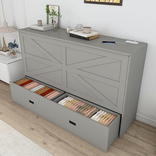 Bellemave Full Murphy Bed with Mattresses and Charging Stations and Storage Drawer, Farmhouse Murphy Cabinet Bed with Foldable Panel, Noisy Free, for Guest Bedroom, Living Room, Gray Bellemave