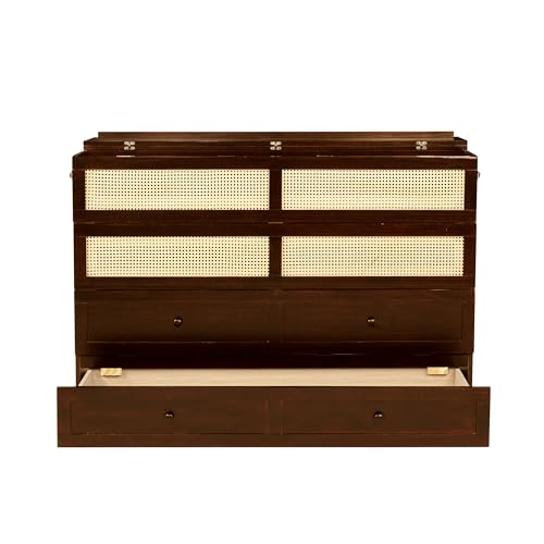 PVWIIK Queen Size Multi-Functional Bed Frame with Rattan Decoration Panel and Drawer for Girls/Boys,Home Office, Studio,Bedroom,Cabinet Murphy Bed w/Plank Support,No Box Spring Needed, Walnut PVWIIK