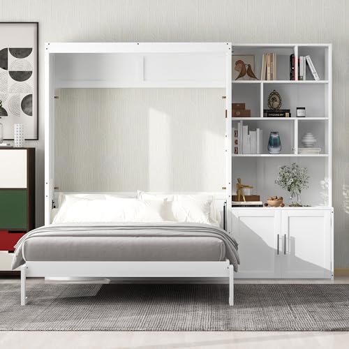 HABITRIO Full Size Murphy Bed, Wooden Full Murphy Wall Bed with Multiple Storage Shelves and A Cabinet, White HABITRIO