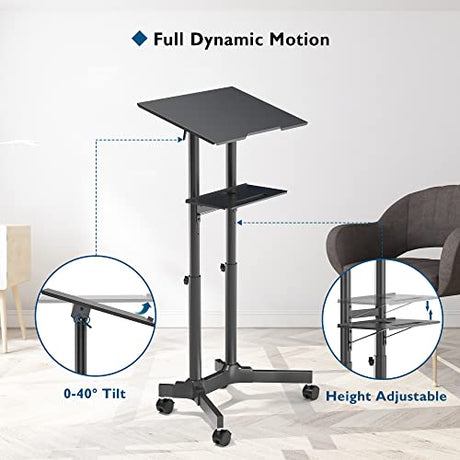 BONTEC Lecterns & Podiums Portable Mobile Standing Laptop Desk, Height Adjustable, Sit Stand, Home Office Classroom Pulpit Stand Up Desk Workstation, Rolling Table Laptop Cart with Storage Tray BONTEC
