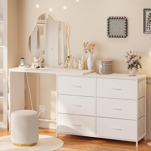 Simoretus Modern Corner Vanity Desk with 6 Fabric Drawers Power Outlet Side Pocket L Shaped Drawers Makeup Desk Dressing Table for Girls Women Bedroom (White) Simoretus