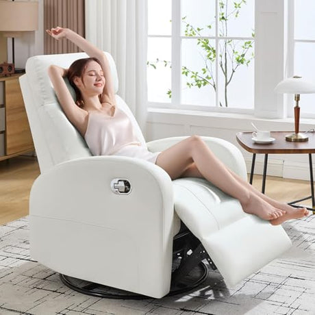 HOMYKA Swivel Rocker Recliner Chair, Manual Faux Leather Recliner, Glider Rocking Recliners 360°Swivel Nursery Reclining Chairs with Adjustable Headrest Highback for Living Room, White HOMYKA
