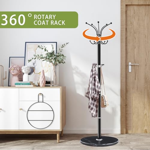 LOZABEE Metal Heavy Duty Coat Rack Stand, Modern Freestanding Coat Rack with Natural Marble Base, 360° Roraty Coat Racks with 14 Hooks, Black Coat Hall Tree Hanger Stand for Entryway, Office