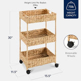 Best Choice Products 3-Tier Water Hyacinth Rolling Nursery Caddy w/Wheels, Utility Cart, Storage Organization for Bathroom, Craft Room, Laundry Room - Natural