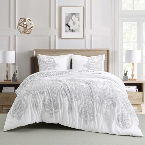 Sunshine Nicole Reversible Comforter Set, Brushed Microfiber Fabric with Embroidery for Front and Printed Microfiber Fabric for Reverse, 3 Pieces Grey White King Sunshine Nicole