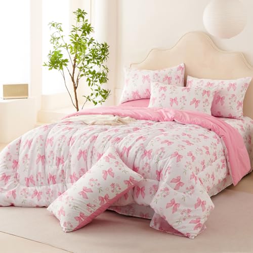 CCoutueChen Pink Bow Comforter Set Full 3Pcs Pink Floral Bedding Set for Girls Kids Romantic Princess Style Bowknot Bedding Ultra Soft Reversible Garden Flower Comforter Sets with 2 Pillowcases CCoutueChen