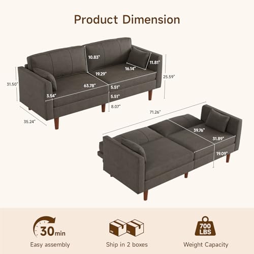 ONBRILL 71" Futon Sofa Bed,Convertible Sleeper Couch with Adjustable Backrest, Folding Loveseat for Apartment, Living Room, Office, Faux Leather,Brown ONBRILL
