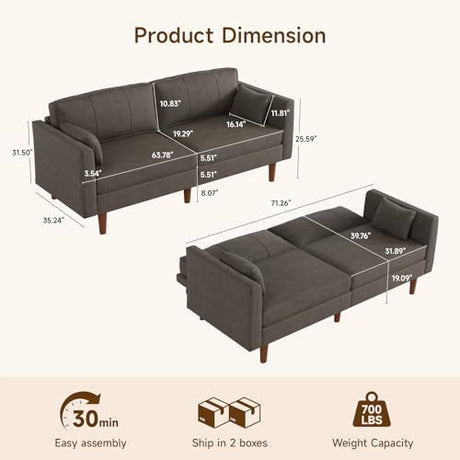 ONBRILL 71" Futon Sofa Bed,Convertible Sleeper Couch with Adjustable Backrest, Folding Loveseat for Apartment, Living Room, Office, Faux Leather,Brown ONBRILL