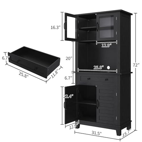 IDEALHOUSE 72" in Tall Kitchen Pantry Storage Cabinet, Elegant Pantry Hutch Bar Cabinet with Microwave Stand & Drawers, Glass Doors for Dining Room, Kitchen, Living Room (Black & 32 Inches Wide) IDEALHOUSE
