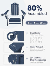 KINGYES Folding Adjustable Adirondack Chair, HDPE Reclining Adirondack Chair with Cup Holder, All Weather Use Oversize Adirondack Outdoor Chair, Blue KINGYES