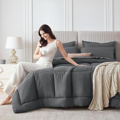 Sasttie Queen Comforter Set, 7 Pieces Bed in a Bag Queen, Complete Bedding Set Includes Grey Comforter, Flat Sheet, Fitted Sheet, Pillowcases and Pillow Shams, Dark Grey Sasttie