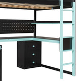 FUvellamo Full Size Gaming Loft Bed with Desk, Wood Gaming Loft Bed Frame with Storage Stairs, Drawers, Shelves & Pegboard, Esports Gaming Loft Bed for Kids, Teens, Adults, Black+Blue FUvellamo