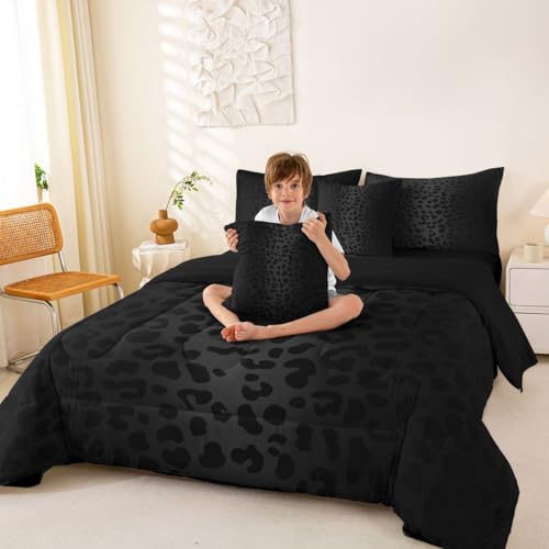 King Size Black Leopard Bedding Set 7 Pieces Bed in a Bag, Cheetah Bedding Set with Sheets All Season, Animal Print Bed Sets with Comforter, Fitted Sheets, Flat Sheets, Pillow Shams and Pillowcases Feelyou