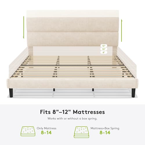 GRUSIGN King Size Platform Bed Frame with Velvet Headboard, Adjustable Height Wooden Slats Support, Upholstered Mattress Foundation, Fits Mattress or Mattress with Box Spring, Easy Assembly, Beige GRUSIGN