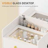 Gurexl 3 in 1 Vanity Desk with Flip Top Mirror for Bedroom,Small Compact Vanity with Visible Glass Desktop for Cloakroom,Makeup Vanity Set with 3 Drawers,Cushioned Stool,Dressing Table,White Gurexl