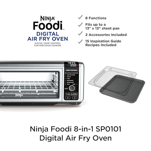Ninja SP101 Digital Air Fry Countertop Oven with 8-in-1 Functionality, Flip Up & Away Capability for Storage Space, with Air Fry Basket, Wire Rack & Crumb Tray, Silver Ninja