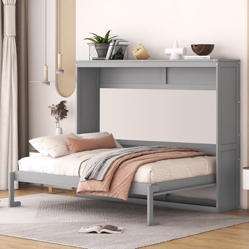 Merax Modern Murphy Cabinet Bed, Solid Wood Wall Platform Bed/No Box Spring Needed/Easy Assemble/Full,Gray Merax