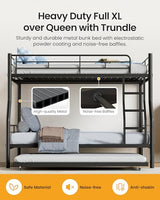 Mixcous Full XL Over Queen Bunk Bed with Trundle, Heavy-Duty Metal Bunk Bed w/Full-Length Guardrail & EVA Padded Ladder, Convertible to 3 Separate Beds for Adults, Teens, Noise-Free, Black Mixcous