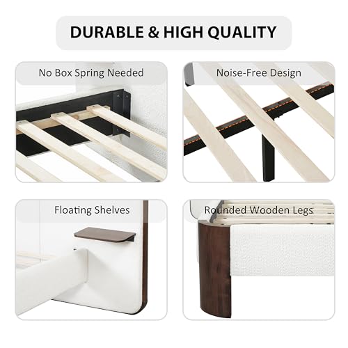 Merax King Size Upholstered Platform Bed Frame with Large Curved Headboard,Built-in Floating Shelves,Wood Slats and Metal Support for Bedroom,Noise-Free Merax