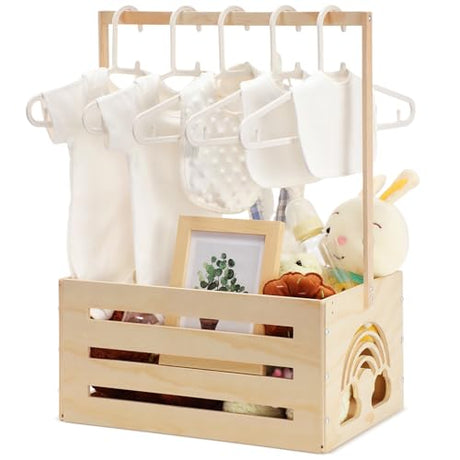Yerliker Wooden Baby Shower Crate Closet Baby Shower Gifts Basket Baby Storage Crate Hamper with Handle Personalized Basket for Newborn Boys Girls Pregnancy Gifts(Wood Color, Cloudy, Rainbow) Yerliker