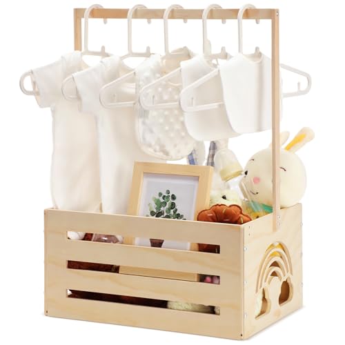 Yerliker Wooden Baby Shower Crate Closet Baby Shower Gifts Basket Baby Storage Crate Hamper with Handle Personalized Basket for Newborn Boys Girls Pregnancy Gifts(Wood Color, Cloudy, Rainbow) - WoodArtSupply