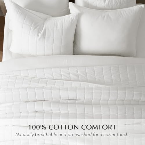 EVERGRACEHOME 100% Cotton Box Stitch Quilt Bedding Set King Size 3 Pieces, Garment-Washed Lightweight Soft Cozy Coverlet, Oversized Quilted Bedspread Sets with 2 Shams for All Season, Bright White EVERGRACEHOME