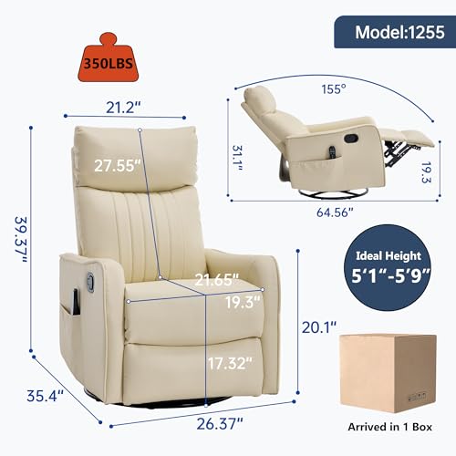 High Back Massage Recliner with Heat - Swivel Rocking Chair for Small Spaces, Manual Lazy Boy Recliner for Adults, Perfect for Living Room & Bedroom, Soft Fabric (Beige FL)