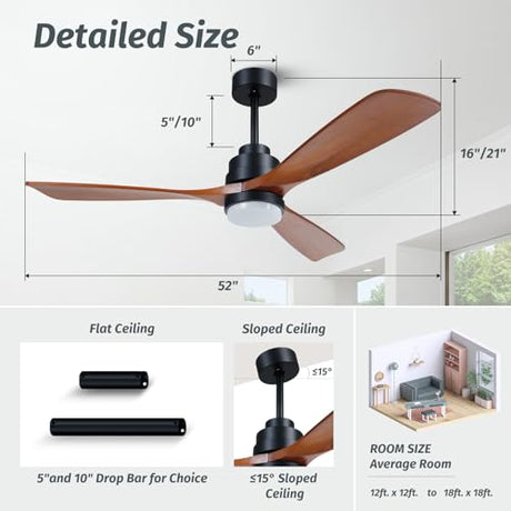 ALUOCYI Wood Ceiling Fan with Light,Energy Saving,Ultra-Quiet DC Motor,3 Blades,6 Speed,Outdoor/Indoor Ceiling Fan for Patio,Deck,Porch,Bedroom,Living Room,Brown Walnut and Black ALUOCYI