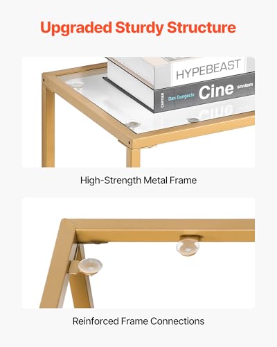 VEVOR 2-Tier Glass Console Table, Modern Rectangle Sofa Side Table with Tempered Glass Top and Iron Legs, Golden Consloe Desk with Anti-Tip Device for Living Room, Hallway, Entryway, Foyer, Golden VEVOR