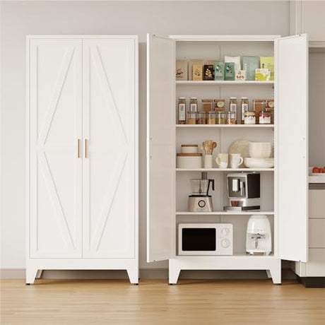 COFaR 71 in Tall Kitchen Pantry Cabinet, Metal Pantry Storage Cabinet with 4 Adjustable Shelves and 2 Barn Doors, White Freestanding Farmhouse Food Cupboard for Dining Room Living Room COFaR
