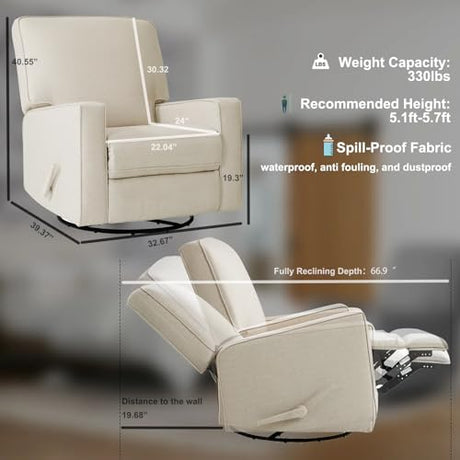 Harkawon Swivel Rocker Recliner Chair, Glider Rocker Recliner, Rocking Chair Nursery, Fabric Chair with High Back, Deep Seat, for Living Room, Bedroom, Beige Harkawon