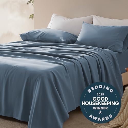 SLEEP ZONE Nanotex Super Soft Cooling Full Size Bed Sheets Set 4 Piece - Easy Care Fitted Flat Sheet & Pillowcase Sets - Wrinkle Free, Fade Resistant, Deep Pocket 16" (Flint Blue, Full) SLEEP ZONE