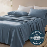 SLEEP ZONE Nanotex Super Soft Cooling Full Size Bed Sheets Set 4 Piece - Easy Care Fitted Flat Sheet & Pillowcase Sets - Wrinkle Free, Fade Resistant, Deep Pocket 16" (Flint Blue, Full) SLEEP ZONE