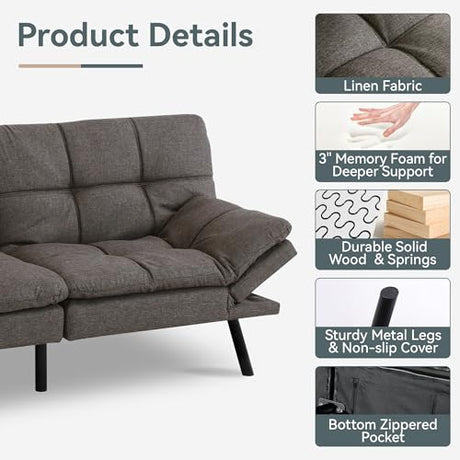 AMICLIBER Futon Sofa Bed Convertible Couch, Grey Linen Sofa Bed with Memory Foam, Adjustable Backrest & Armrests, Multifunctional Small Loveseat Sleeper Sofa for Living Room, Apartment, Office AMICLIBER