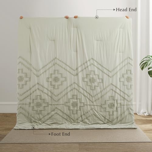 Oli Anderson Boho Tufted Comforter Set King Size, 3 Pcs Soft Jacquard Bedding Set for All Seasons, Shabby Chic Farmhouse Bedding Set with Comforters for All Seasons (Mist Sage, King) Oli Anderson