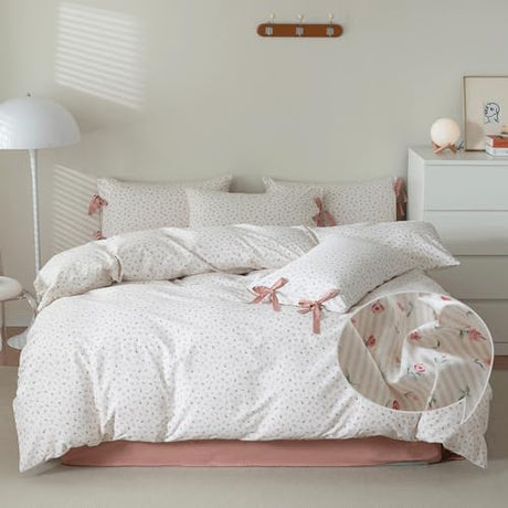 VM VOUGEMARKET Rose Flower Duvet Cover Queen Stripes Bedding Set 100% Cotton Vintage Country Style Girls Comforter Cover with 2 Bow Tie Pillowcases,Off-White/Cream VM VOUGEMARKET