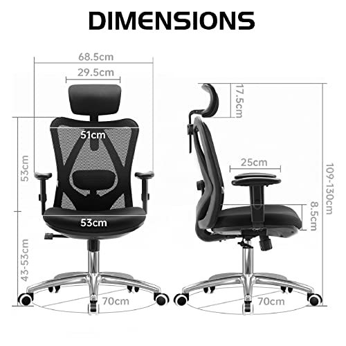 SIHOO M18 Ergonomic Office Chair, High Back Mesh Desk Chair with Adjustable Headrest & Lumbar Support, 330lbs Capacity Computer Chair with 2D Armrests & Wide Cushion, Tilt Lock, for Home Office-Black SIHOO