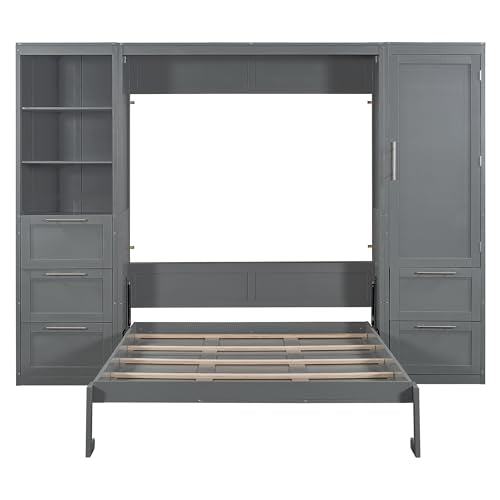 Merax Murphy Bed Queen with Wardrobe, Queen Size Wall Murphy Bed with 5 Drawers and Storage Shelves, No Box Spring Needed, Gray Merax