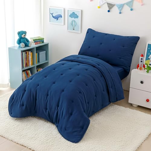 DreLunis 4-Piece Toddler Bedding Set for Boys Navy Blue Embroidery Kids Comforter Sets Soft Breathable Toddler Bed-in-a-Bag Includes Comforter, Flat Sheet, Fitted Sheet, Pillowcase DreLunis