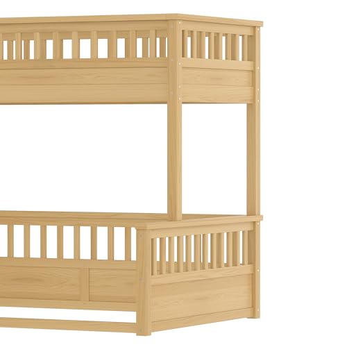 Bellemave Twin Over Full Bunk Bed for Kids/Adults,Floor Bunk Beds with Inclined Ladder,Solid Wood Low Bunk Bed for Teens,Girls,Boys,Detachable,Natural Bellemave