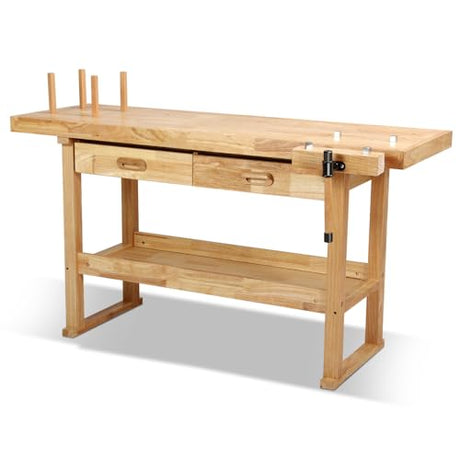Auto Dynasty 60" Wood Workbench, Heavy Duty Woodworking Bench with Adjustable Handle, 500Lbs Load Capacity Woodworking Table Work Bench with Storage for Garage, Workshop, Home Storage (Natural) Auto Dynasty