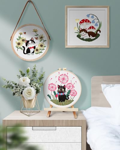 TINDTOP Embroidery Kit for Adults, Cat Embroidery Practice Kit for Beginners Include Embroidery Cloth Hoops Threads for Craft Lover Hand Stitch with Embroidery Skill Techniques TINDTOP