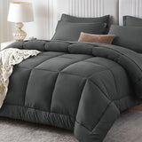 Sasttie Queen Comforter Set, 7 Pieces Bed in a Bag Queen, Complete Bedding Set Includes Grey Comforter, Flat Sheet, Fitted Sheet, Pillowcases and Pillow Shams, Dark Grey Sasttie
