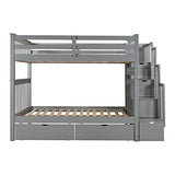 MERITLINE Solid Wood Bunk Bed with Staircase Storage, Full Over Full Bunk Bed with Drawers for Kids, Teens & Adults, Space Saving Design (Gray) MERITLINE