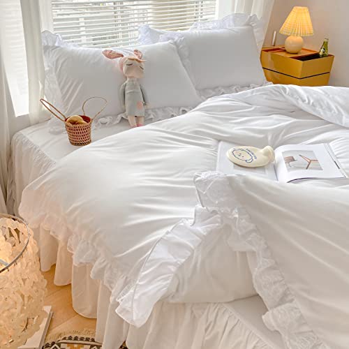 MOOWOO Chic Ruffle Lace Polyester Duvet Cover Set -Girl White Bedding-2 Piece Twin Comforter Duvet Cover with Zipper Closure -Ultra Soft and Light Weight(White, Twin)-NO Including Comforter MOOWOO