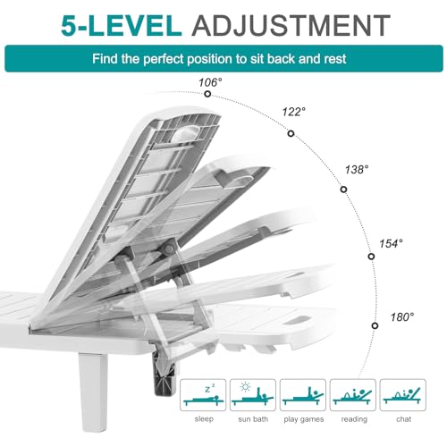 WACASA Outdoor Chaise Lounge Chairs Set of 4, Oversized Resin Lounge Chairs with 5-Level Adjustable Backrest & Cup Holder, Waterproof Pool Lounge Chair for Poolside, Patio, Beach, Yard, White