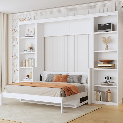 SOFTSEA Queen Size Murphy Bed with Desk, Space Saving Foldable Wall Bed Frame with Storage Shelves, Hideaway Wall Murphy Bed Cabinet for Small Room, Guest Room, White SOFTSEA