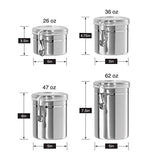 Oggi Set of 4 Stainless Steel Kitchen Canisters - Airtight Clamp Lid, Clear See-Thru Top - Ideal for Kitchen Storage, Food Storage, Pantry Storage - Includes 1 each: 26oz, 36oz, 47oz, 62oz. Oggi