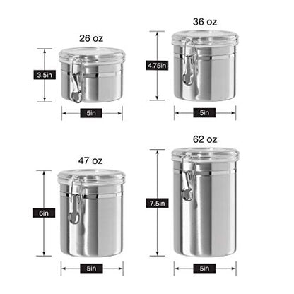 Oggi Set of 4 Stainless Steel Kitchen Canisters - Airtight Clamp Lid, Clear See-Thru Top - Ideal for Kitchen Storage, Food Storage, Pantry Storage - Includes 1 each: 26oz, 36oz, 47oz, 62oz.