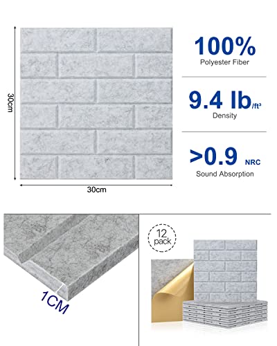Soundproof Wall Panels Self-Adhesive Acoustic Panels Sound Absorbing Panels 12 Pack Noise Cancelling Wall Panels Brick Soundproof Adhesive Panels For Wall Decoration, Acoustic Treatment 12"×12"×0.4" Soundsbay